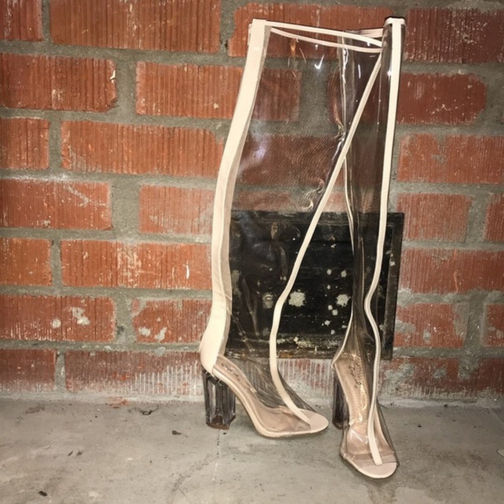 Qupid Clear Thigh High Peep Toe Heel Boots